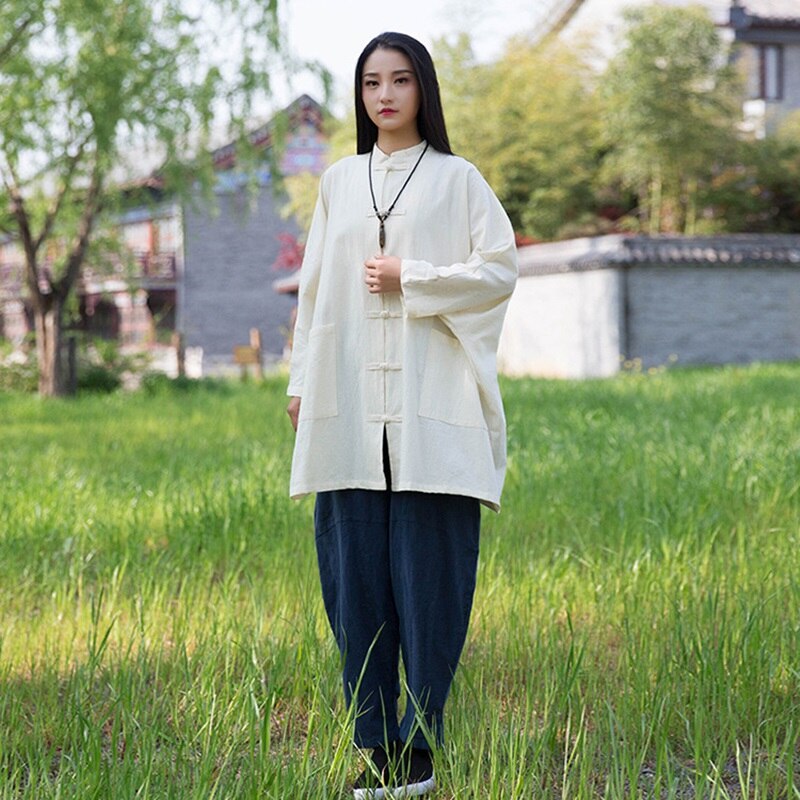 Camisa holgada de estilo chino para mujer, Blusa de algodón y lino, camisa de manga larga de talla grande, ropa de Tai Chi, Tops V1999