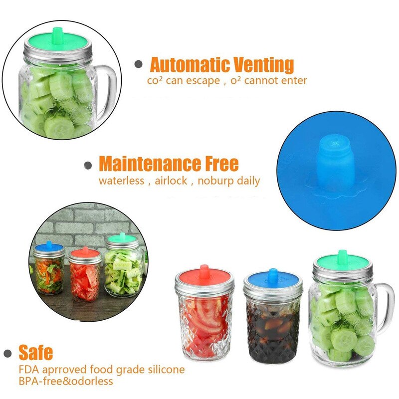 Waterless Fermenting Airlock Lids Silicone Mason Jar Lids Covers with Stainless Steel Ring Mouth Mason Jar Sealed Lid Kitchen