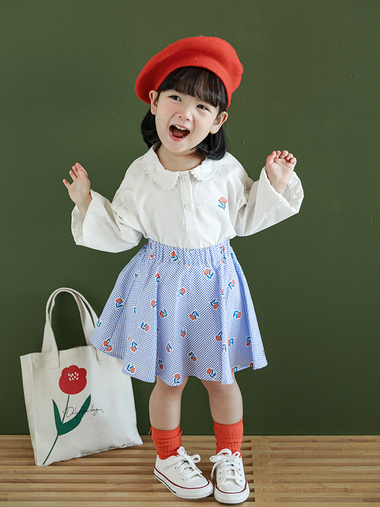 Spring New Children Wear Girls Roland Check Red Flower Safety Pants Skirt