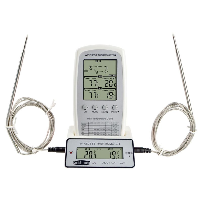 Digitale BBQ Thermometer kabellos Küche Ofen Lebensmittel Kochen Grill Raucher Fleisch Thermometer mit Sonde und Timer Temperatur Alarm: Weiß