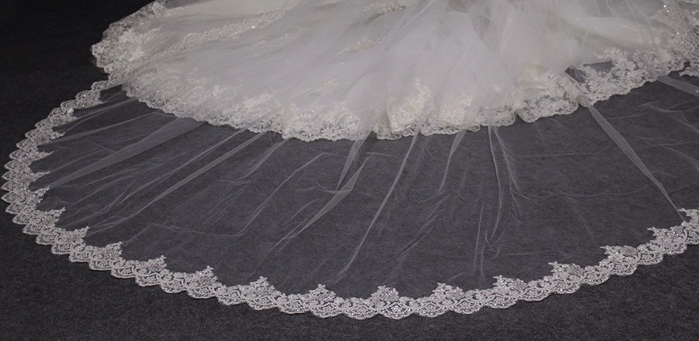 Nette glitter pailletten kanten rand 3 m lange bruidssluier één laag kathedraal bruidssluier voile mariage