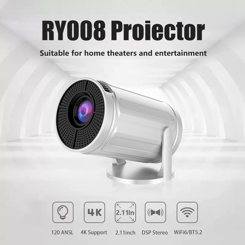 RY008 Mini Projector 1080P Support 4K, 200ANSI Lumens WiFi 6 Bluetooth Portable Outdoor Projector with HDMI USB Dolby Audio