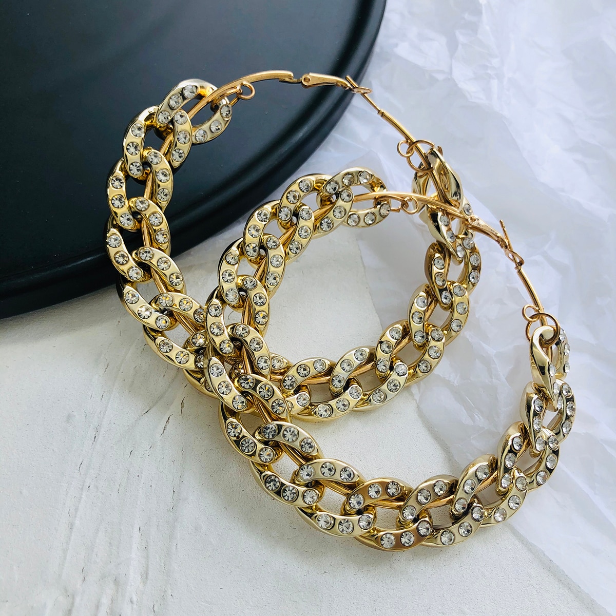 AMORCOME Rhinestone Chain Hoop Earrings For Women Big Circle Round Earrings Brincos Female Statement Jewelry