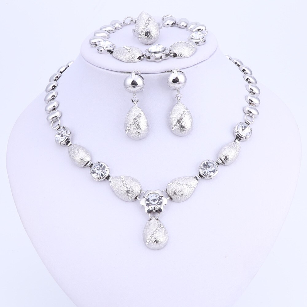 Wedding Crystal Jewelry Sets For Women Water Necklace Earrings Set Gold Color Bridal Party Wedding Accessories: silver