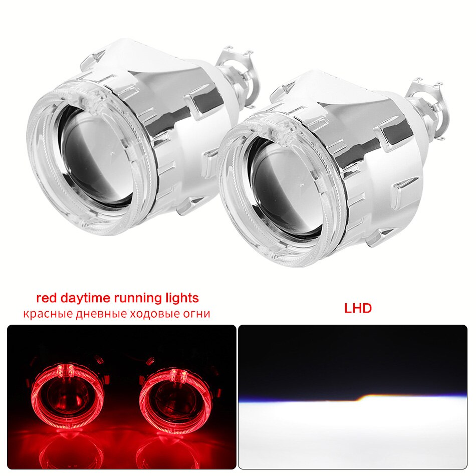 Aileo 2x 2.5 tommer led angel eyes bi-xenon projektor linse kørelys drl  h4 h7 h11 bil retrofit styling brug  h1 lys universal: Sølv rød lhd