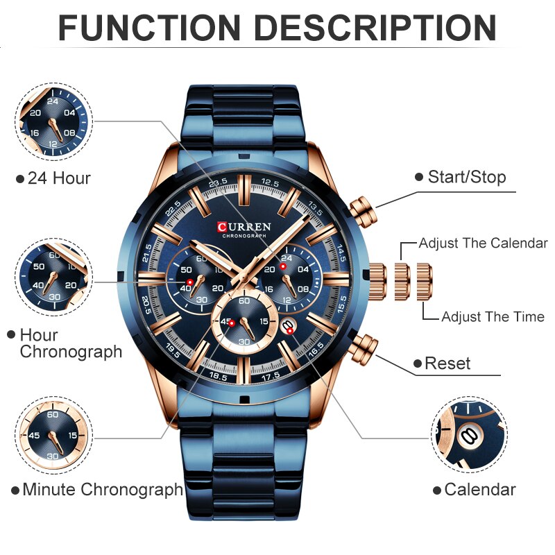 CURREN-reloj deportivo de lujo para hombres, cronógrafo de cuarzo, de pulsera, de acero completo, resistente al agua, Masculino
