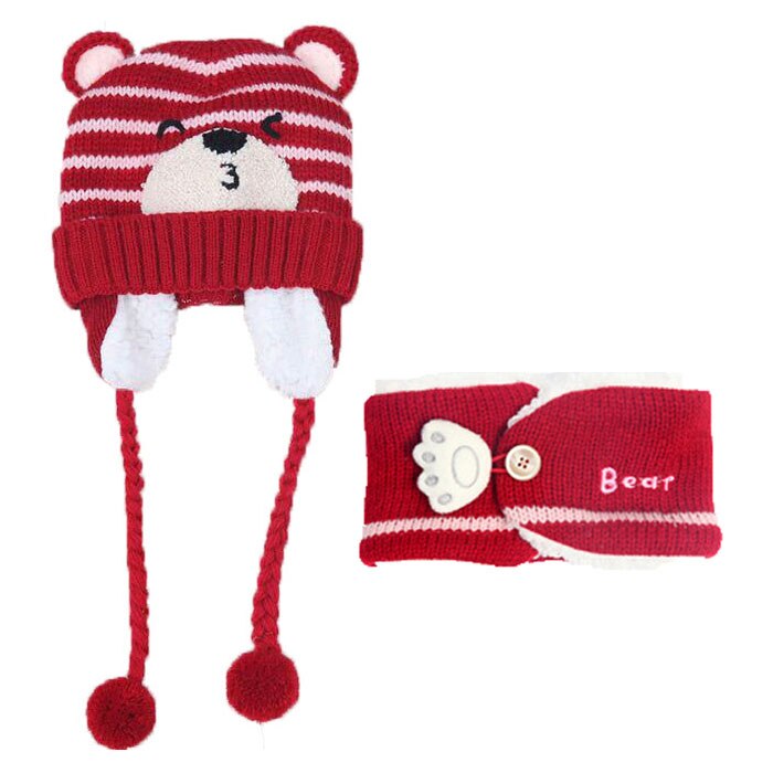 Kind Mutsen Cap Set Baby Kids Cartoon Streep Knit Voegen Fluwelen Hoed En Sjaal Winter Warm Pak Set Roze grijs: Rood