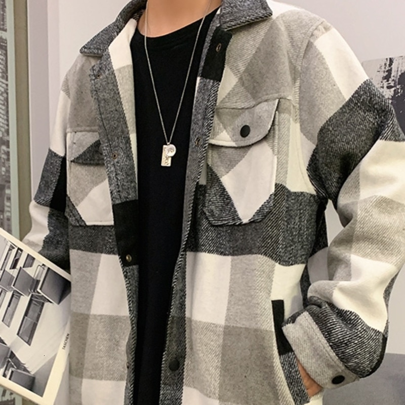 Vinter ulden frakke mænd afslappet tartan ulden jakke mænd streetwear vild løs stor størrelse herre jakker overfrakke m -5xl