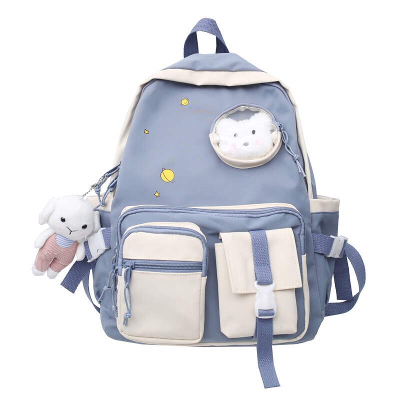 Women Travel Backpack With Cat Waterproof Nylon School Bag for Teenage Girls Boys Casual Student Book Laptop Rucksack Mochila: Up blue / with pendant