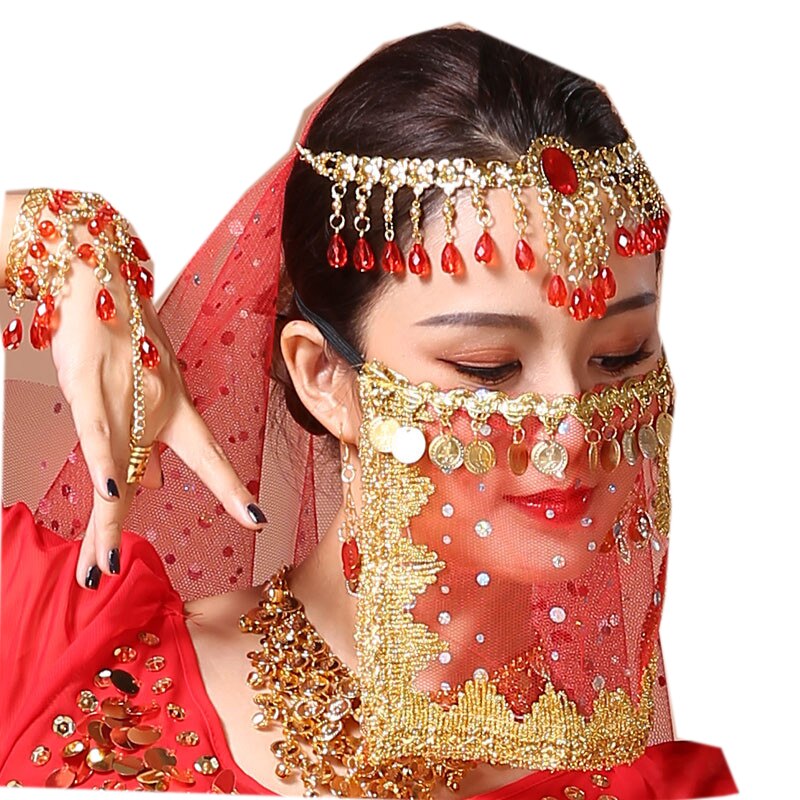 2pcs/pack Women's Belly Dance Tribal Face Veil Egyptian Mask Halloween Accessories Beautiful Sequin Tribal Dance Costume: Red