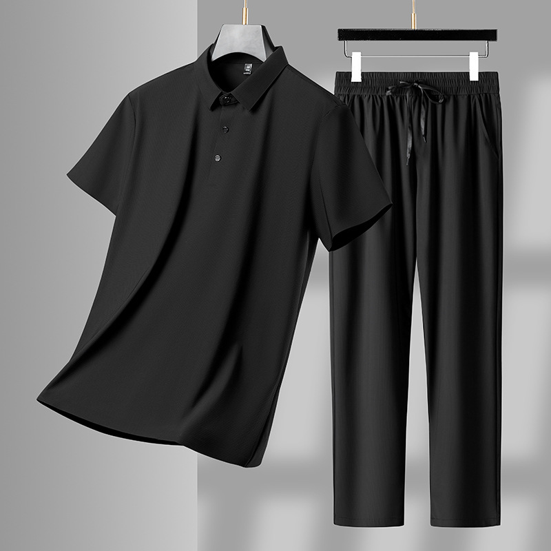 Conjunto informal de para hombre, ropa deportiva transpirable de seda de hielo, camiseta Polo de manga corta y pantalones, chándales, Verano: L / Negro