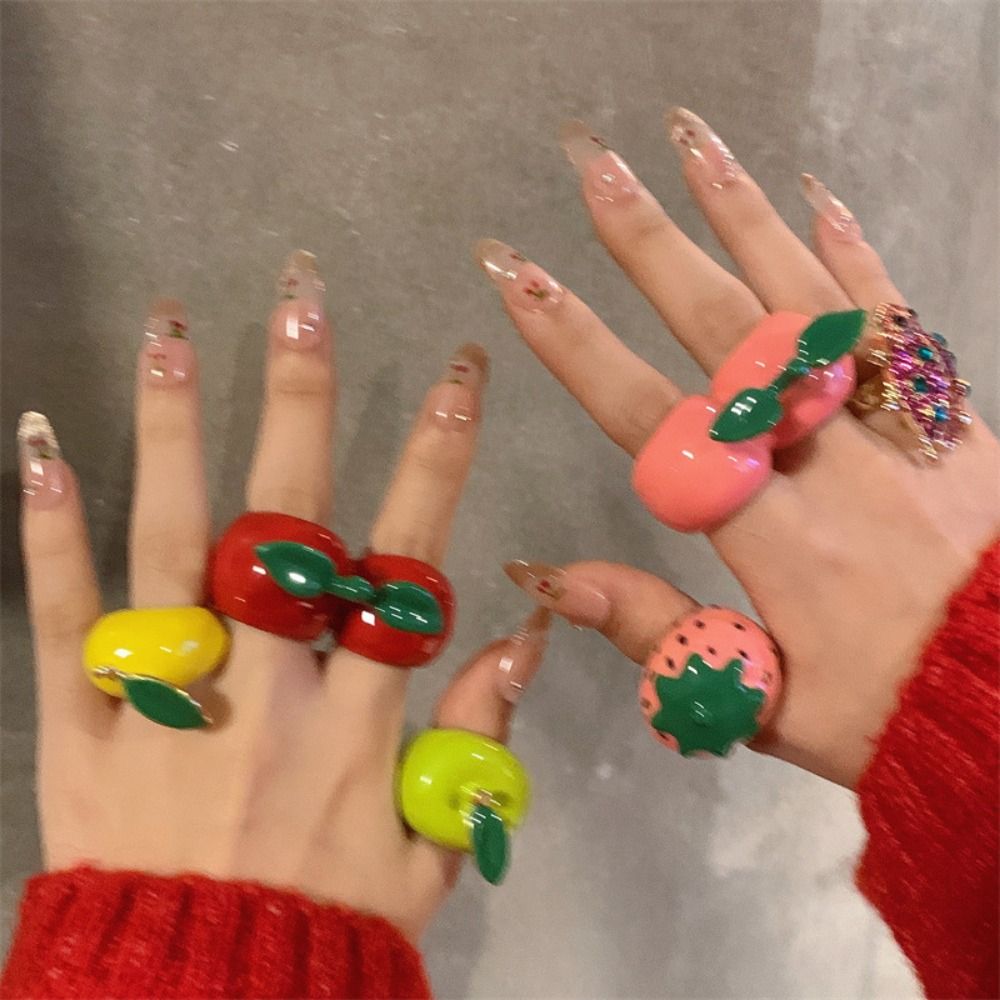 Unique Strawberry Drip Oil Ring Lemon Dripping Oil Painting Ring Korean Style Cherry Fruit Enamel Ring
