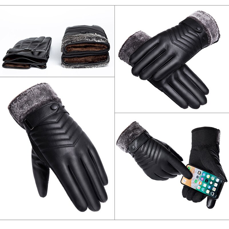 Hommes hiver gants en simili cuir PU chauds pour équitation résistant au froid Plus velours épais coupe-vent écran tactile gants moto gant @ M23