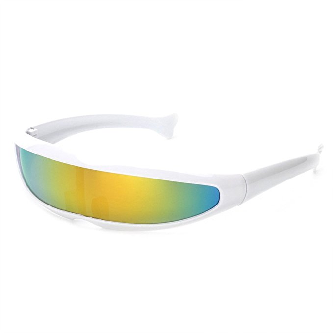 Vvsoo Futuristic Narrow Cyclops Sunglasses UV400 Personality Mirrored Lens Costume Eyewear Glasses Funny Party Mask Decoration: White-Colorful lens