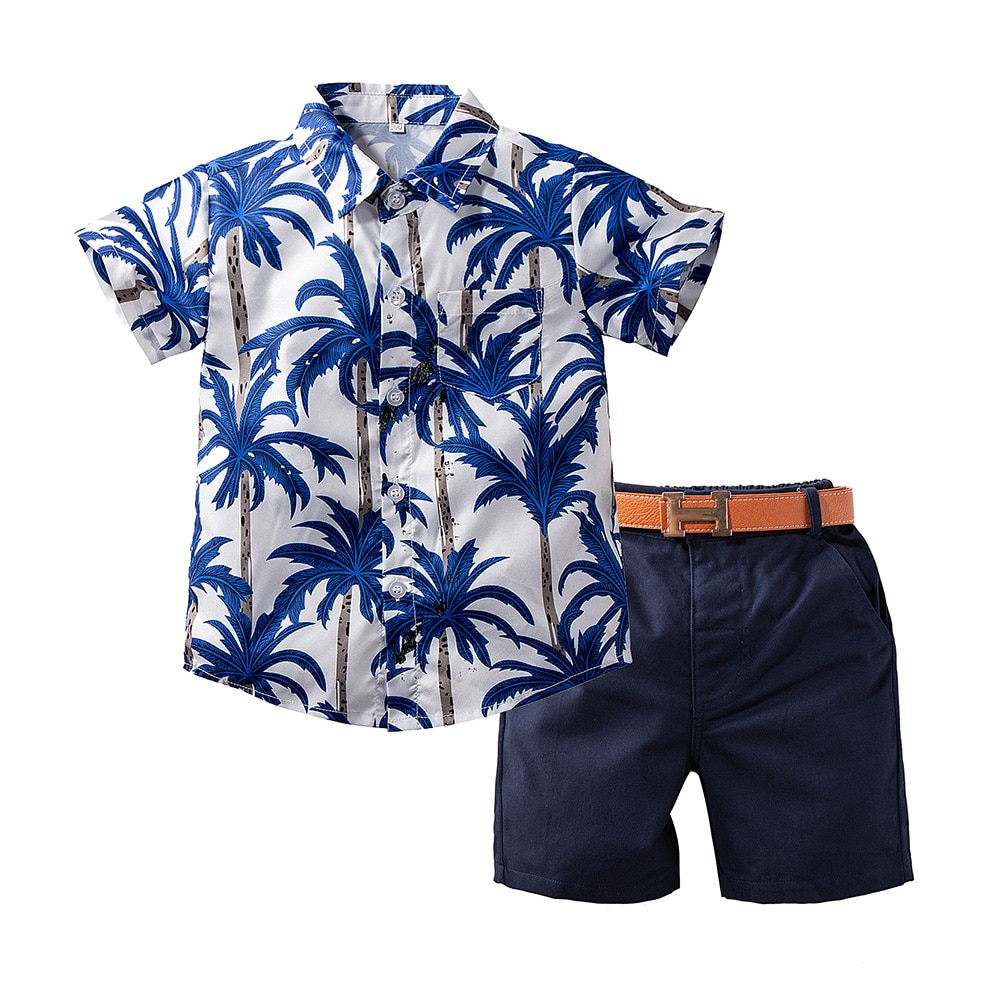 1-6Y bebé niño conjunto de ropa de verano Estilo Hawaiano manga corta Camisa con botón debajo del cuello + Pantalones cortos + trajes de banda de cintura