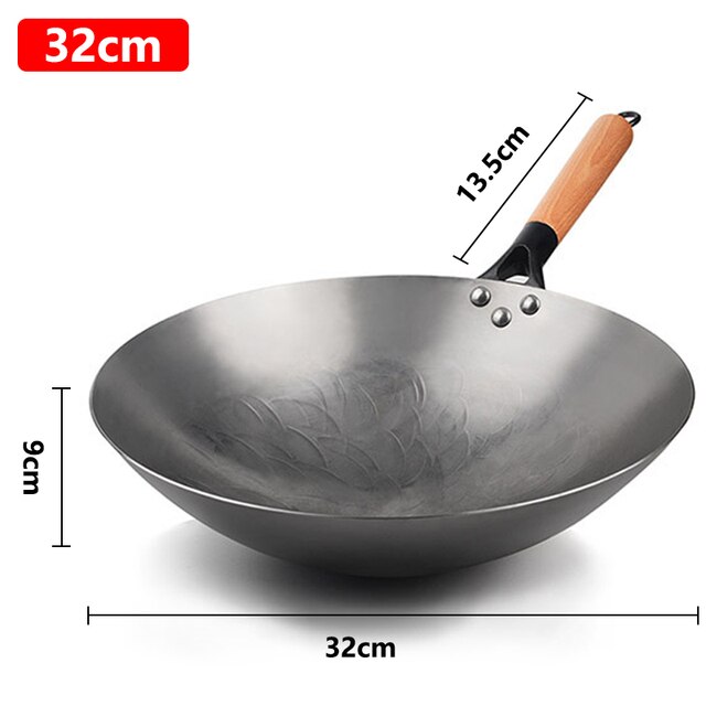 Fypo Iron Wok Nonstick Wok Kitchen Cooking Pot Traditional Handmade Wok Detachable Wooden Handle Gas Cookware Kitchen Utensils: 32cm Wok