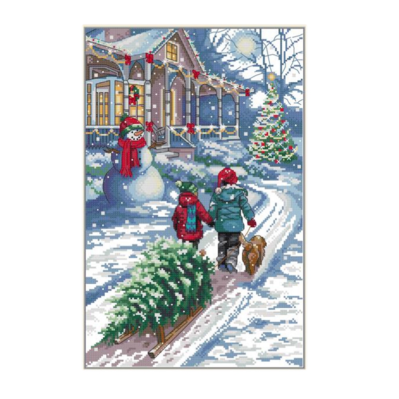 Cross Stitch Stamped Kits 14CT Printed Embroidery Cloth Needlepoint Kits Easy Patterns for Christmas Snow Scene: Default Title