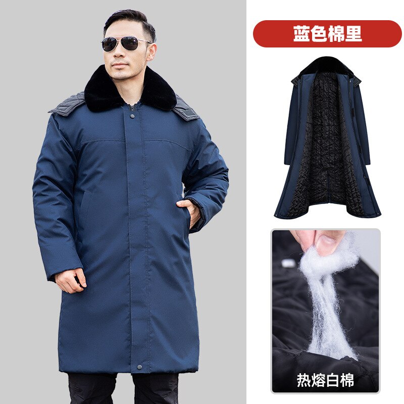 Blauwe Lange Jurk Leger Katoen Gewatteerde Jas Mannen Warme Arbeid Bescherming Katoen Gevoerde Kleding Winddicht Waterdicht Met hoed Winter S: M(65KG-80KG) / BlueLong