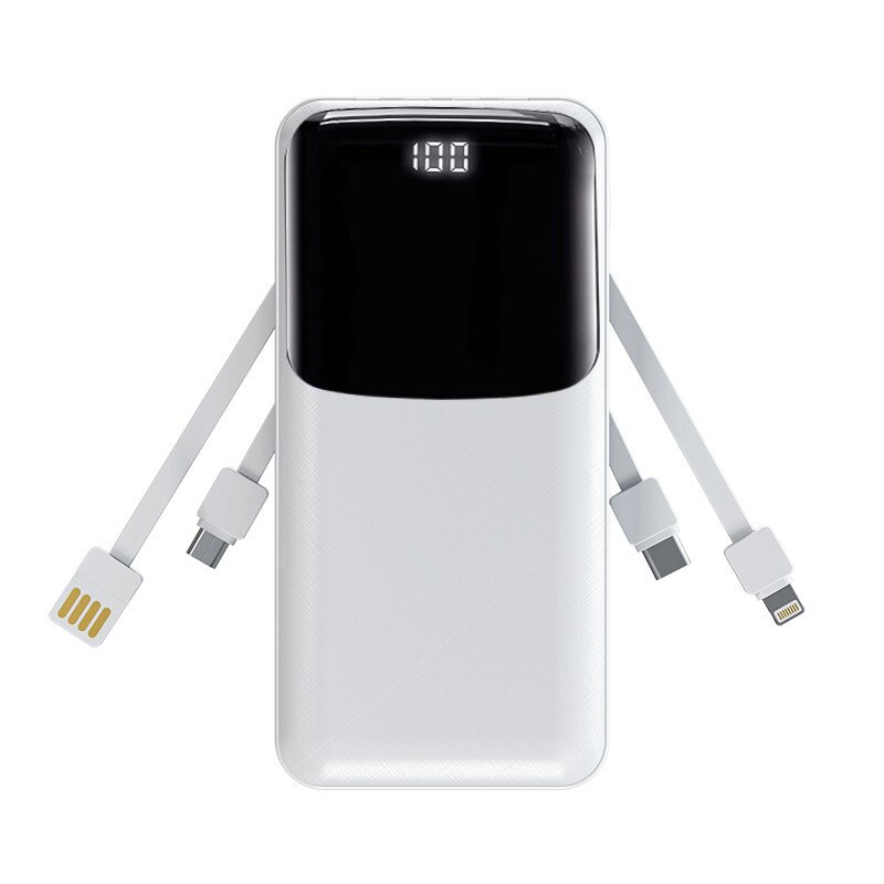 10000 mah power bank, multifunctional external battery with 4 cables, micro usb, type c, flash, portable mobile charger, led, digital