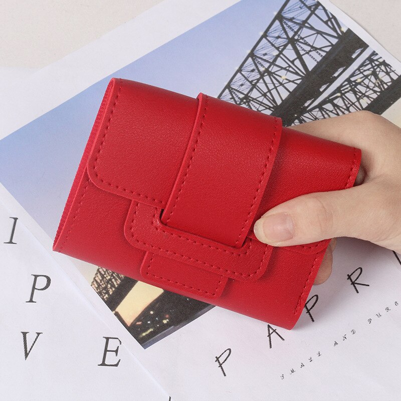 Leisure Casual Solid Color Pull-belt Three Fold Women's Wallet Women's Purse Clutch Students Short Wallet For Female: Red