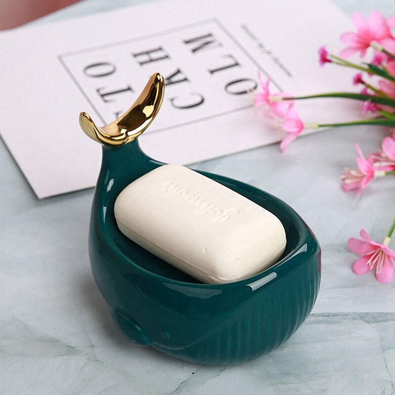 Jabonera de cerámica en forma de ballena con barra de drenaje, caja de jabón de cerámica con anillo de cola de pez para ducha de baño, caja de jabón con marco