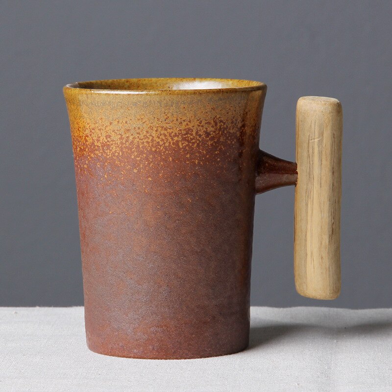 Japansk stil vintage keramisk kaffekrus tumbler rust glasur te mælk øl krus med træhåndtag vand kop hjemmekontor drikkevarer: 05