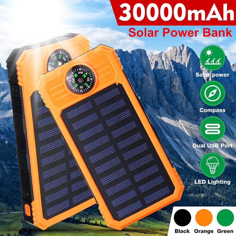 30000 Mah Solar Power Bank Waterdicht Solar Charger 2 Usb-poorten Travel Externe Lader Powerbank Met Kompassen Led Licht