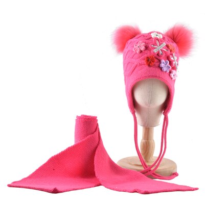 Vinter hatt scarf set för barn härliga pomponger stickad mössa baby flickor tjock stickad fjäril blommor öron klaff mössa barn: Rosa 2