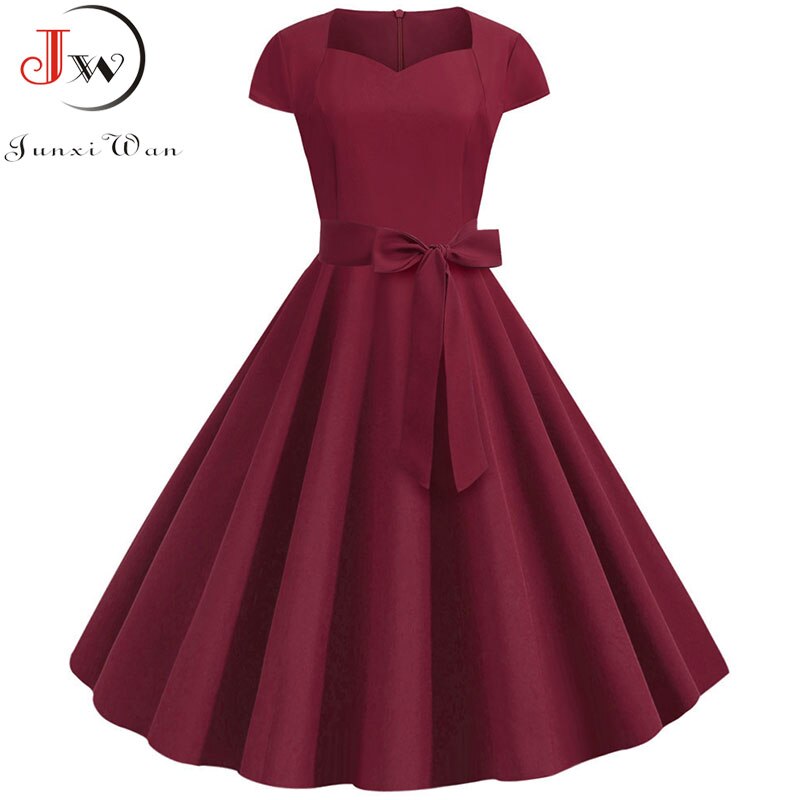 Summer Women's Dress Short Sleeve Solid Vintage Retro Big Swing Office Party Midi Sundress: XL / Pink