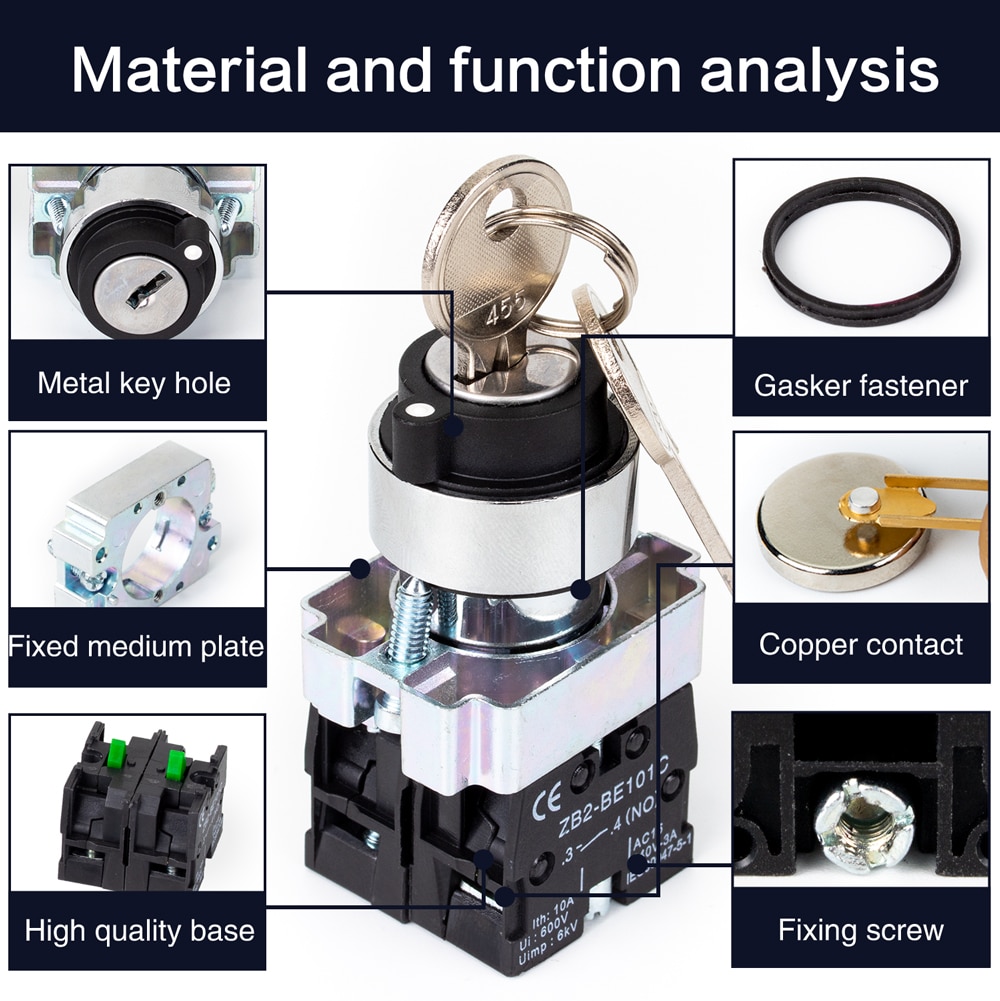 1pc XB2 Panel Mounted Key Rotary Start Locking or Self reset Pushbutton Switch 2Positions/3Positions XB2-BG 22mm