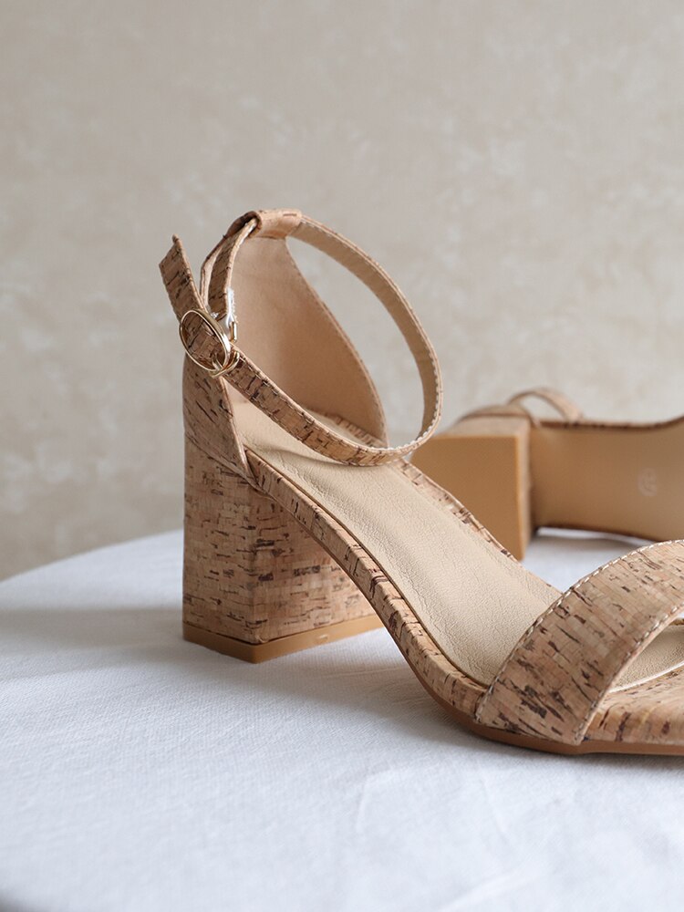 Women sandals cork upper Strappy Chunky Block Sandals Ankle Strap Open Toe mid height heel for Office Shoes Sandals