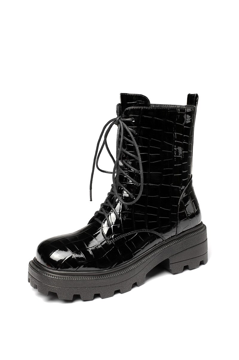 Morazora ankelboots vinter damskor snörning tjocka klackar fyrkantig tå dam boots svart brun: Svart / 4