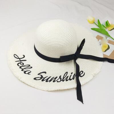 summer Hello Sunshine Sequin letter wide brim sun hats for women Beach vacation girls straw hat: Milk white