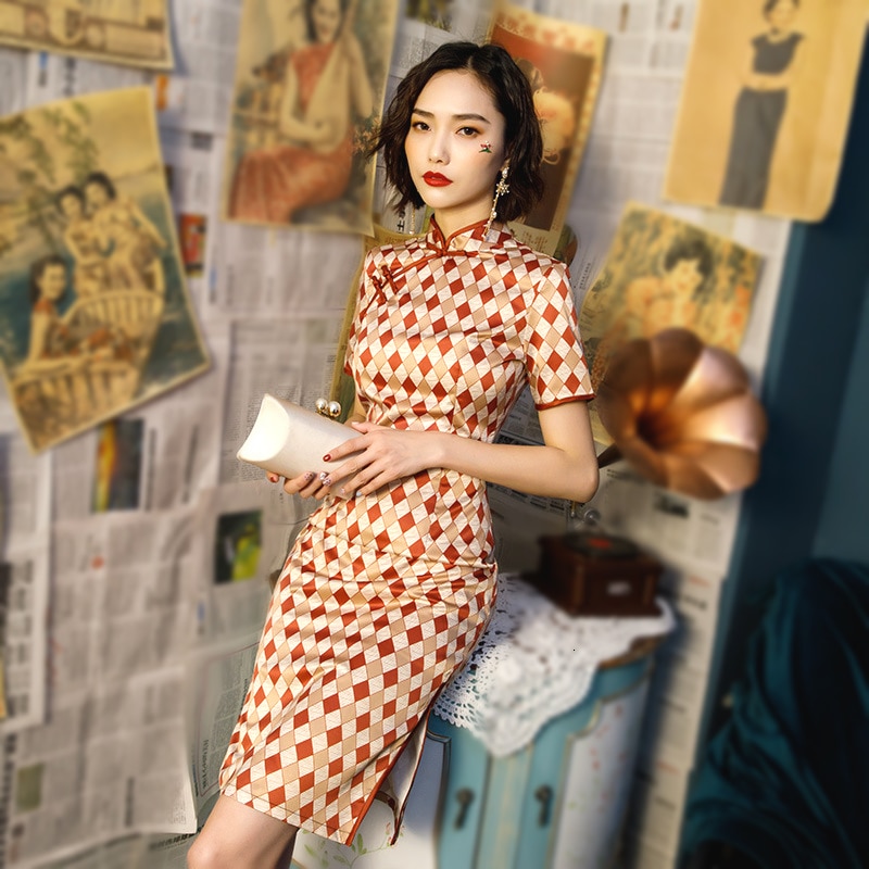 Red Rhombus Pattern Chinese Dress Spell Color Plaid Qipao Dresses Women Clothing Cheongsam Modern Vestido Chino Mujer Knee Qipao