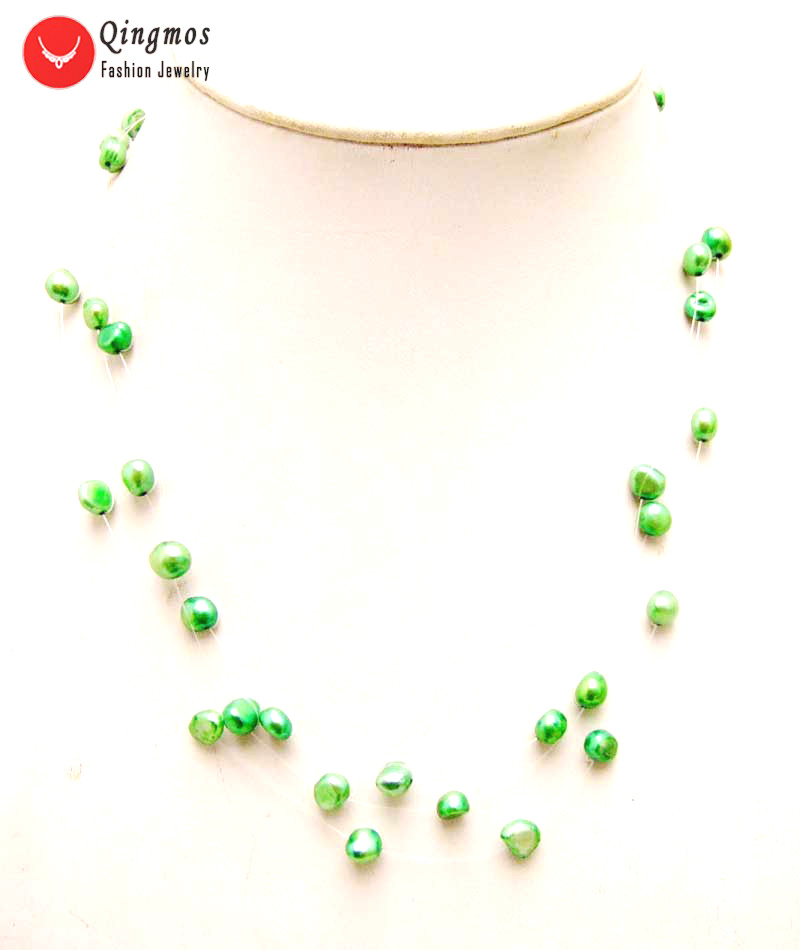 Qingmos Pearl Necklace for Women - 6-7mm Round Freshwater Pearls - 8 to 20 Strands - 18-20 Inch Length: Green 3 strands