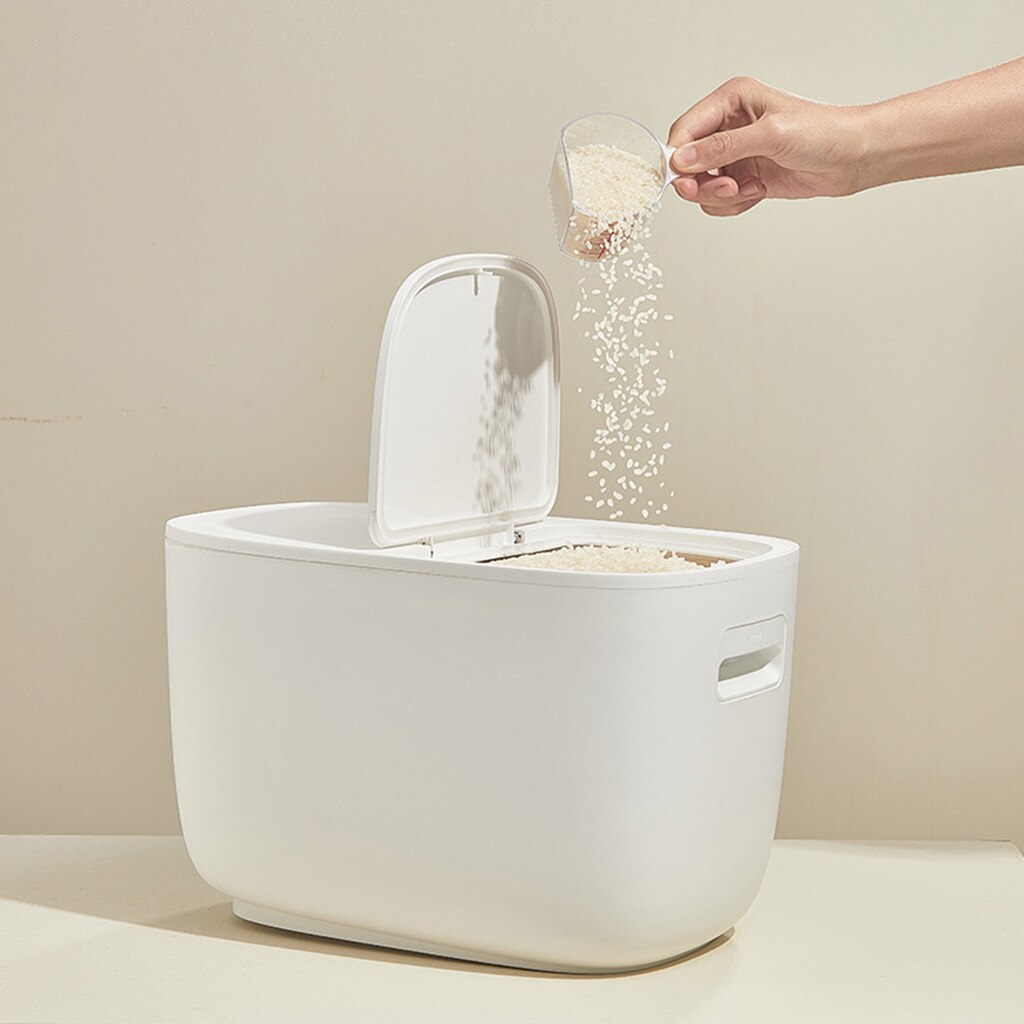 Distributeur de céréales 20kg cuisine, stockage des aliments, boîte de rangement des aliments secs, conteneur de riz, étui de rangement de la farine et des grains ménagers: WHITE