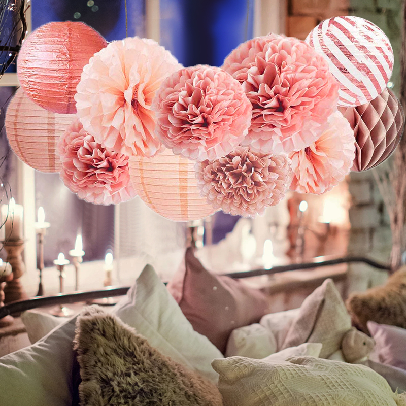 11PCS Paper Lanterns Gold Pink Chinese Lantern Decoration Wedding Party Festival DIY Decor Honeycomb Ball Folding Paper Lantern