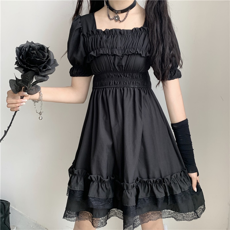 Mujeres japonesas victorianas gótico cuadrado Collar encaje con volantes negro Lolita vestido verano niñas Steampunk Puff manga Mini vestidos: Default Title