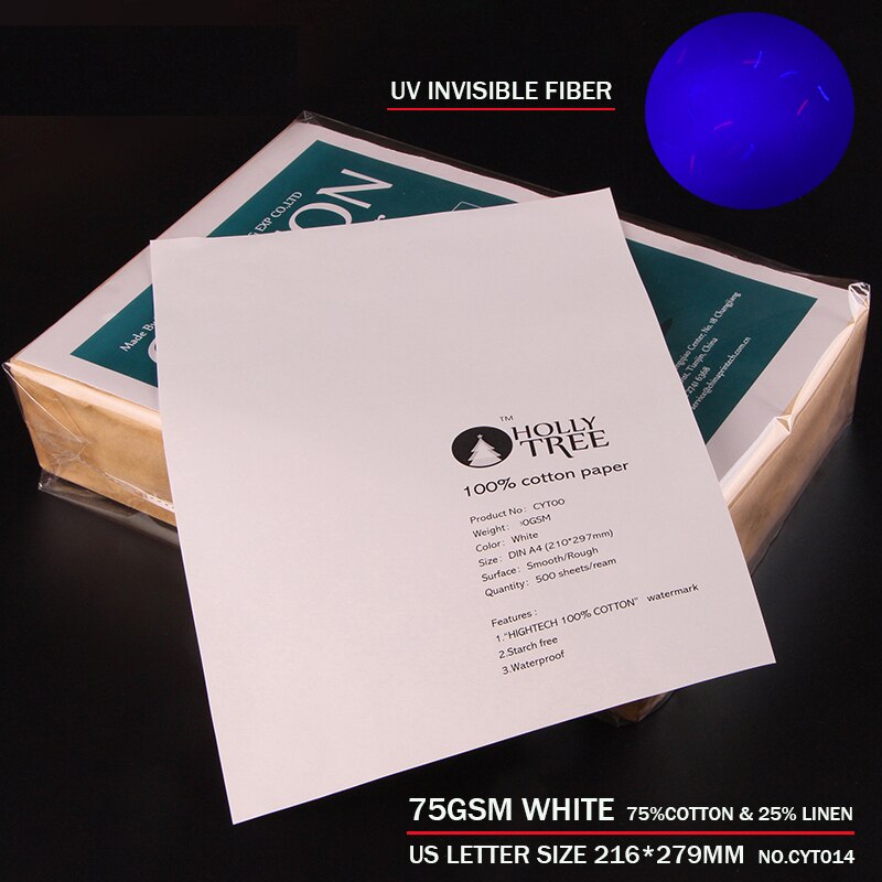 75gsm,75% baumwolle 25% leinen papier, knapp größe 216*297mm, Weiße farbe, UV faser, Stärke-freies, Wasserdicht, 100 blätter CYT014
