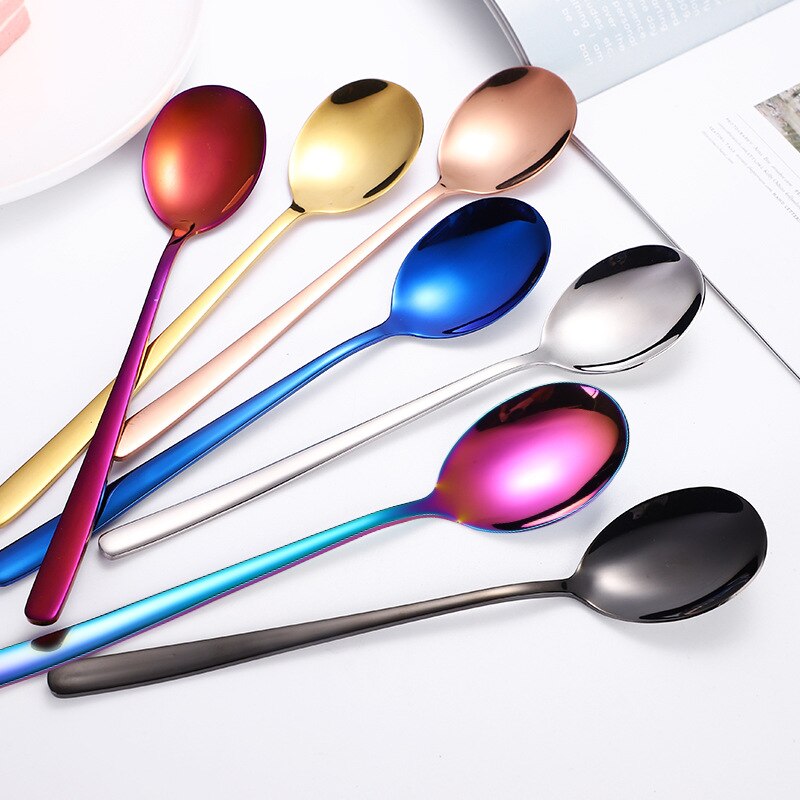 1PC Cake Dessert Forks Stirring Spoons Stainless Steel Colorful Long Handle Coffee Ice Cream Scoop Kitchen Tableware Supplies