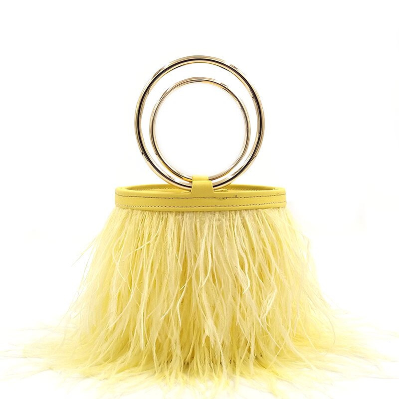 Luxury Ostrich Feather Wedding Purses and Handbags for Women Bucket Tote Pearl Fringe Party Chain Shoulder Bag: Yellow