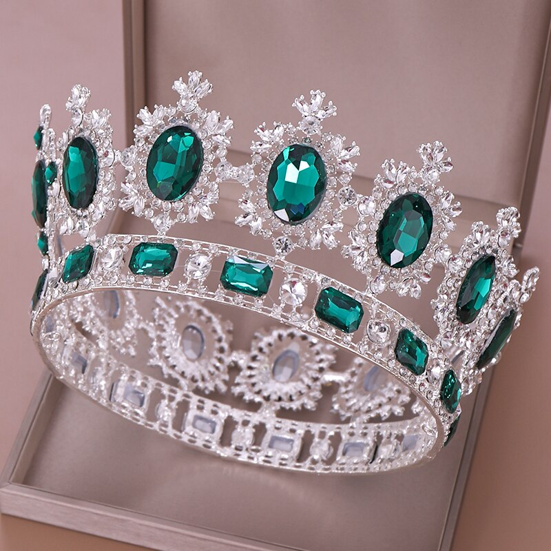 Vintage Barokke Blauw Groen Rode Kristal Grote Ronde Tiara En Kronen Strass Diadeem Voor Koningin Koning Bridal Bruiloft Accessoires