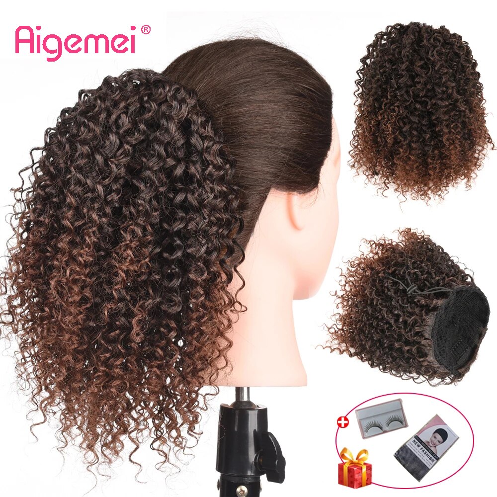 Aigemei Afro Kinky Curly Drawstring chignon Puff Ponytail African Hair Extension Synthetic Clip in Pony Tail Hair Extensions