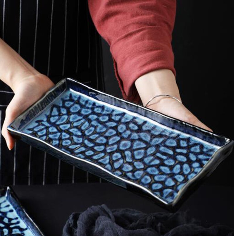 Marble Japanese Stripe Large Rectangle And Round Ceramic Pizza Plate Cookware Porcelain Sushi Tableware