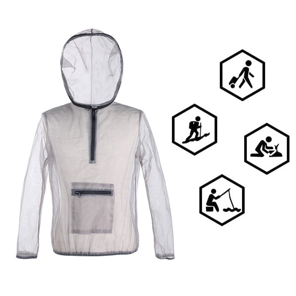 Men Outdoor Anti-mosquito Fishing Mesh Hooded Long Sleeve Jacket Coat Top Suit