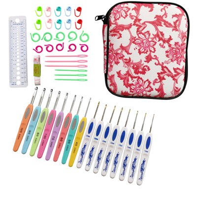 QZLKNIT 16 unids/set 1,0-6,0mm, mango de plástico clásico, conjunto de ganchillo de aluminio con bolsa, herramientas de costura de aguja de tejer DIY: Red set and tool