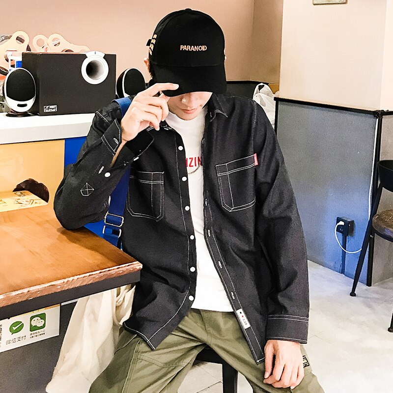 Lente Mannen Casual Zwarte Denim Shirt Slanke Lange Mouw Mannen Drie-Kleur M-4XL