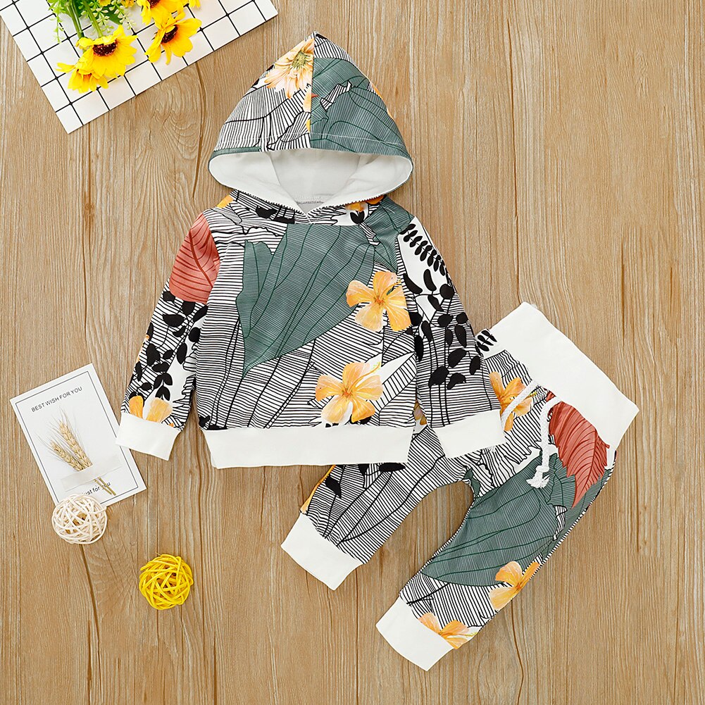 2pcs Kids Spring Autumn Outfit Set Cotton Baby Long Sleeve Sweater Hoodie Tops Printed Long Pants Girls Clothing Outdoor Suit