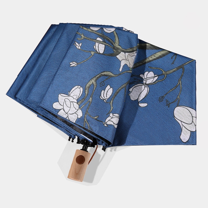 Retro Automatic Umbrella Women Wind Resistant Prevent UV Folding Wood Handle Ladies Flowers Birds Sun Umbrella