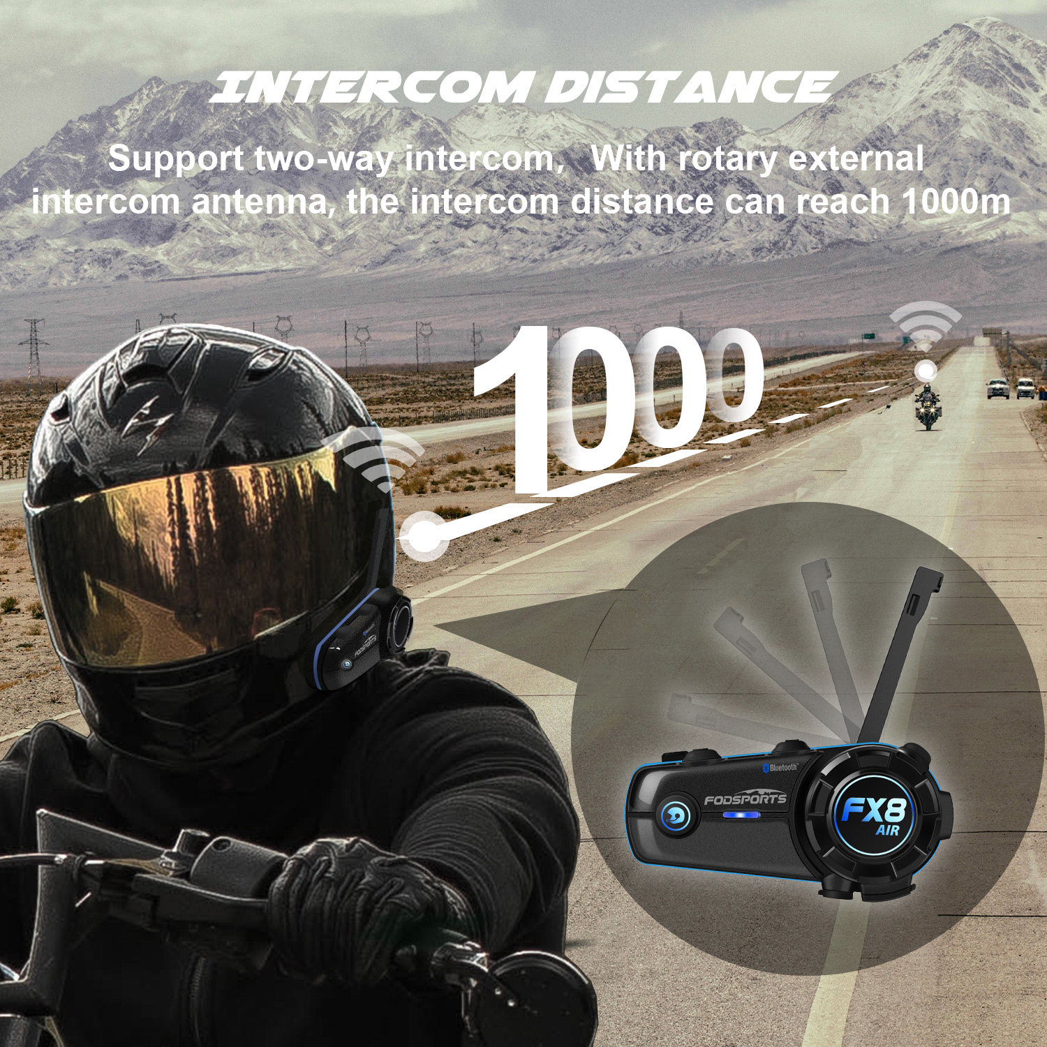 Fodsports FX8 Luft-Gegensprechanlage für Motorradhelm-Headset, 2-Fahrer-Bluetooth-Lautsprecher, Kopfhörer